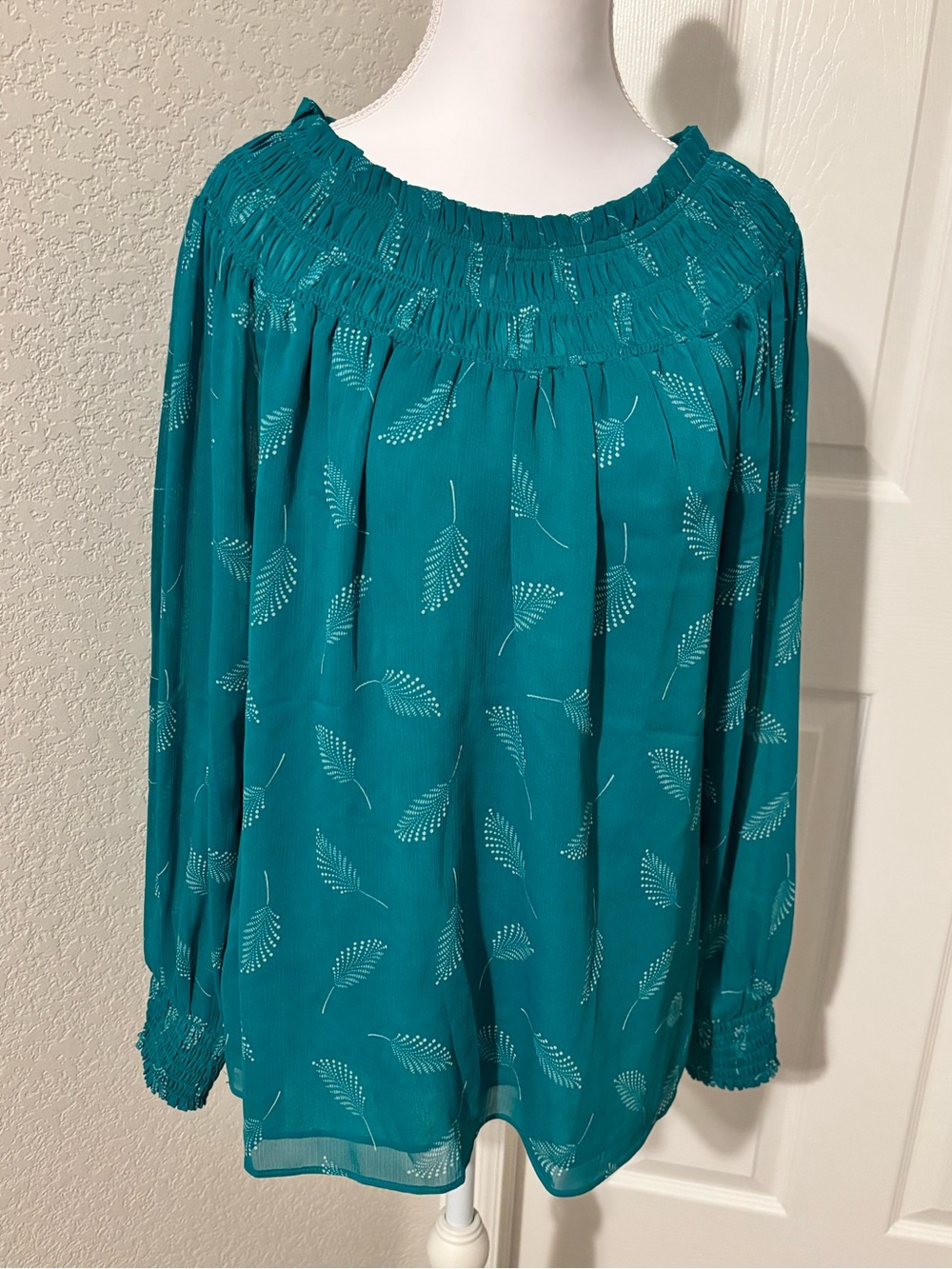 Ann Taylor Teal Leaf-Print Smocked-Neck Blouse